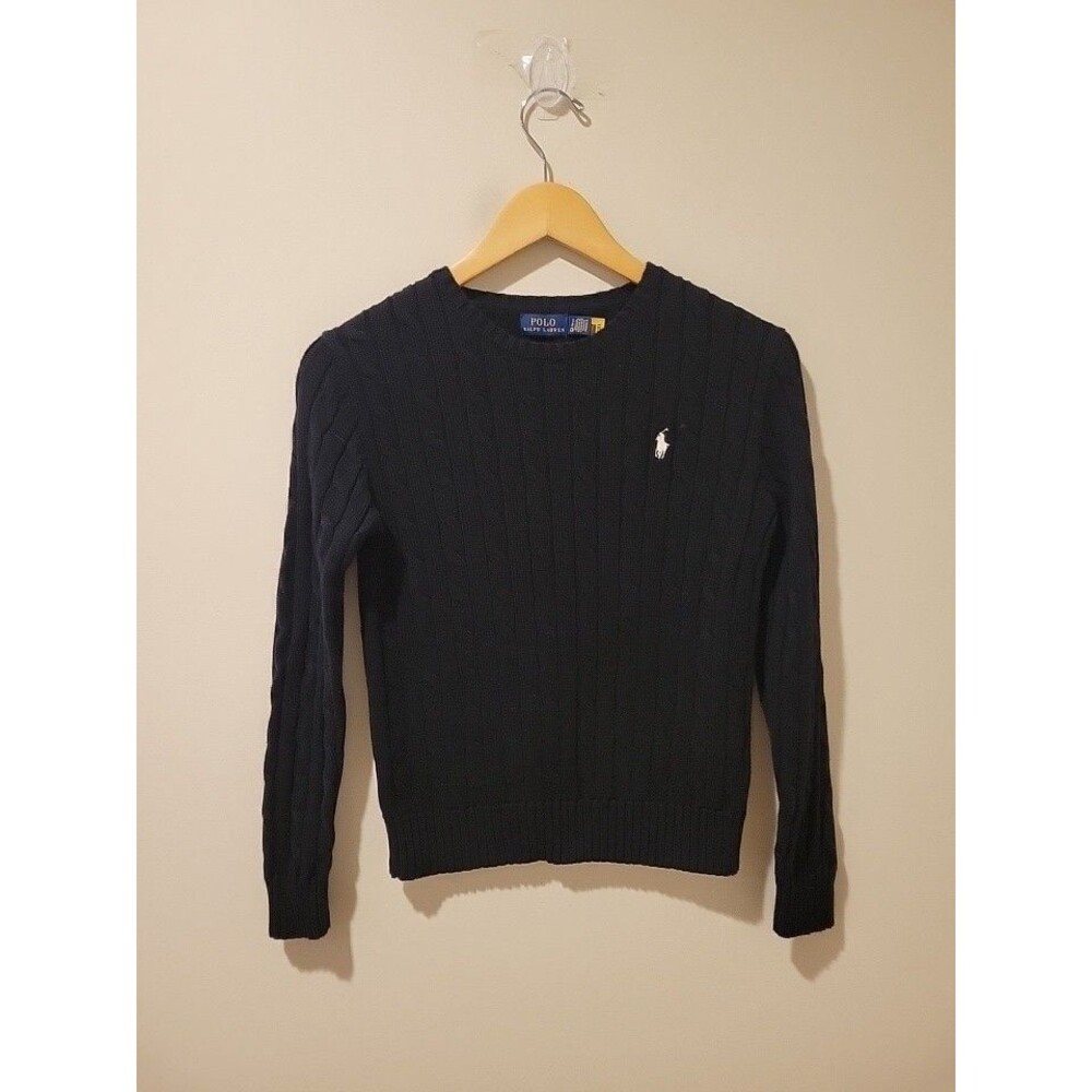 Polo Ralph Lauren Black Cable Knit Pima Cotton Sweater Size S Pony Preppy - Picture 2 of 9